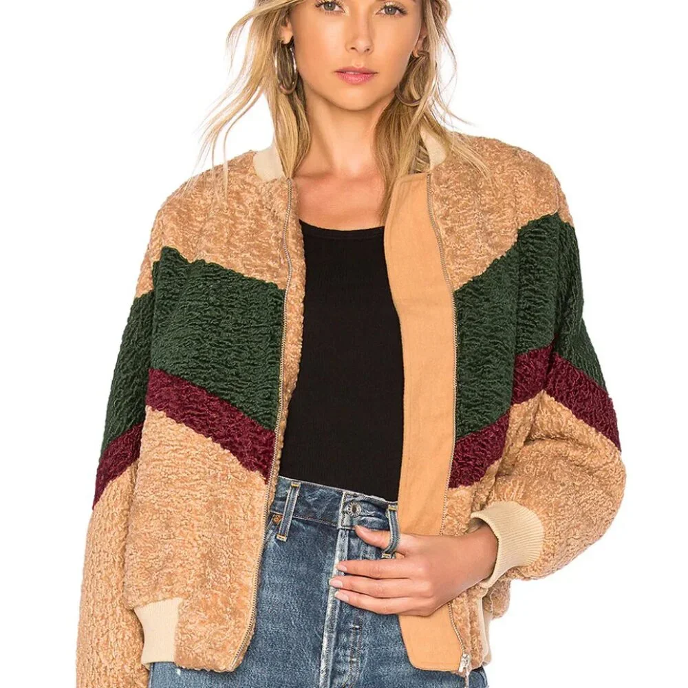 REVOLVE X J.O.A. Colorblock Teddy Faux Fur Jacket In Beige‎ & Forest SZ Small - Picture 3 of 11